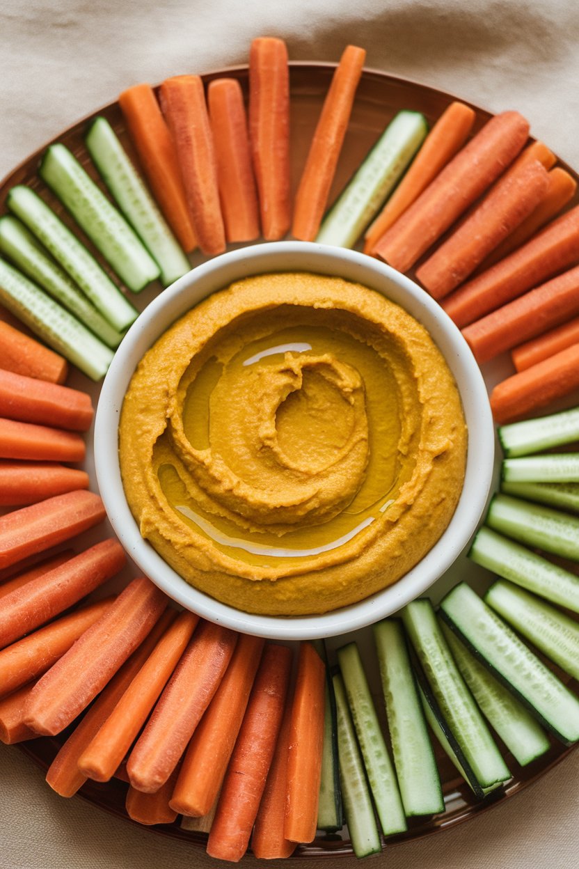An indoor platter featuring a bowl of smooth pumpkin hummus drizzled with olive oil, surrounded by colorful carrot and cucumber sticks. Photo, no text or logos.