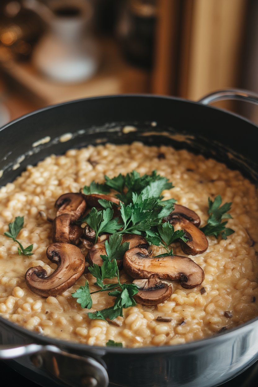 Indoor photo of a creamy pot of barley risotto with sautéed mushrooms and parsley, no text or logos.
