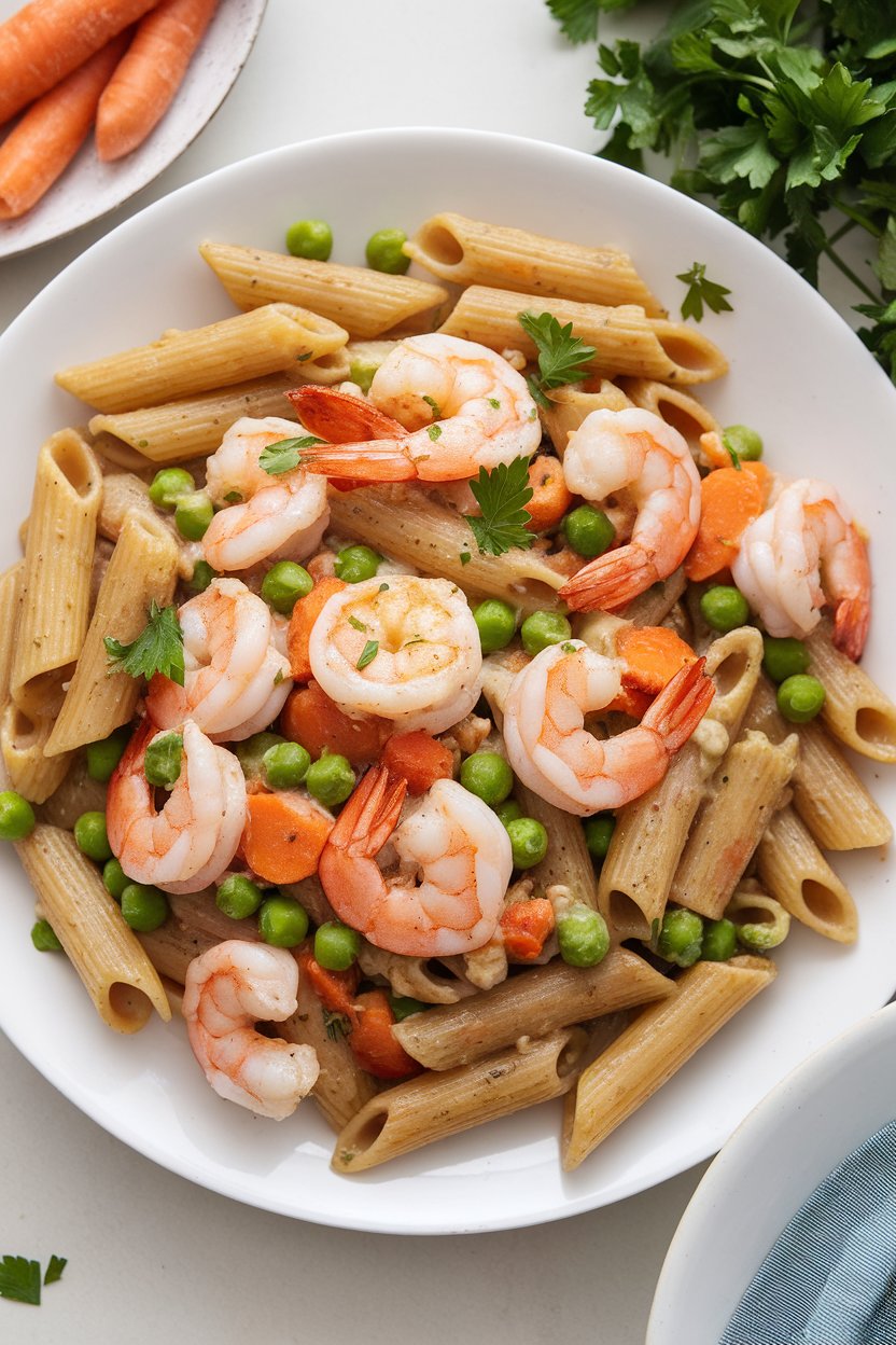 Photo of whole-wheat penne tossed with cooked shrimp, peas, carrots, and a light garlic sauce indoors; no raw ingredients, no text or logos.