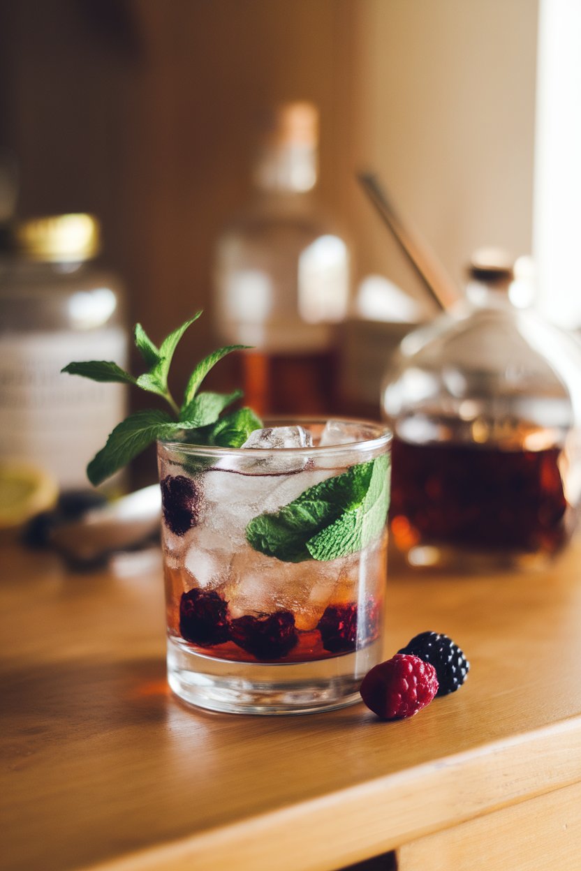 A warmly lit indoor surface showing a short tumbler packed with crushed ice, muddled blackberries, mint, and bourbon. No branding visible.