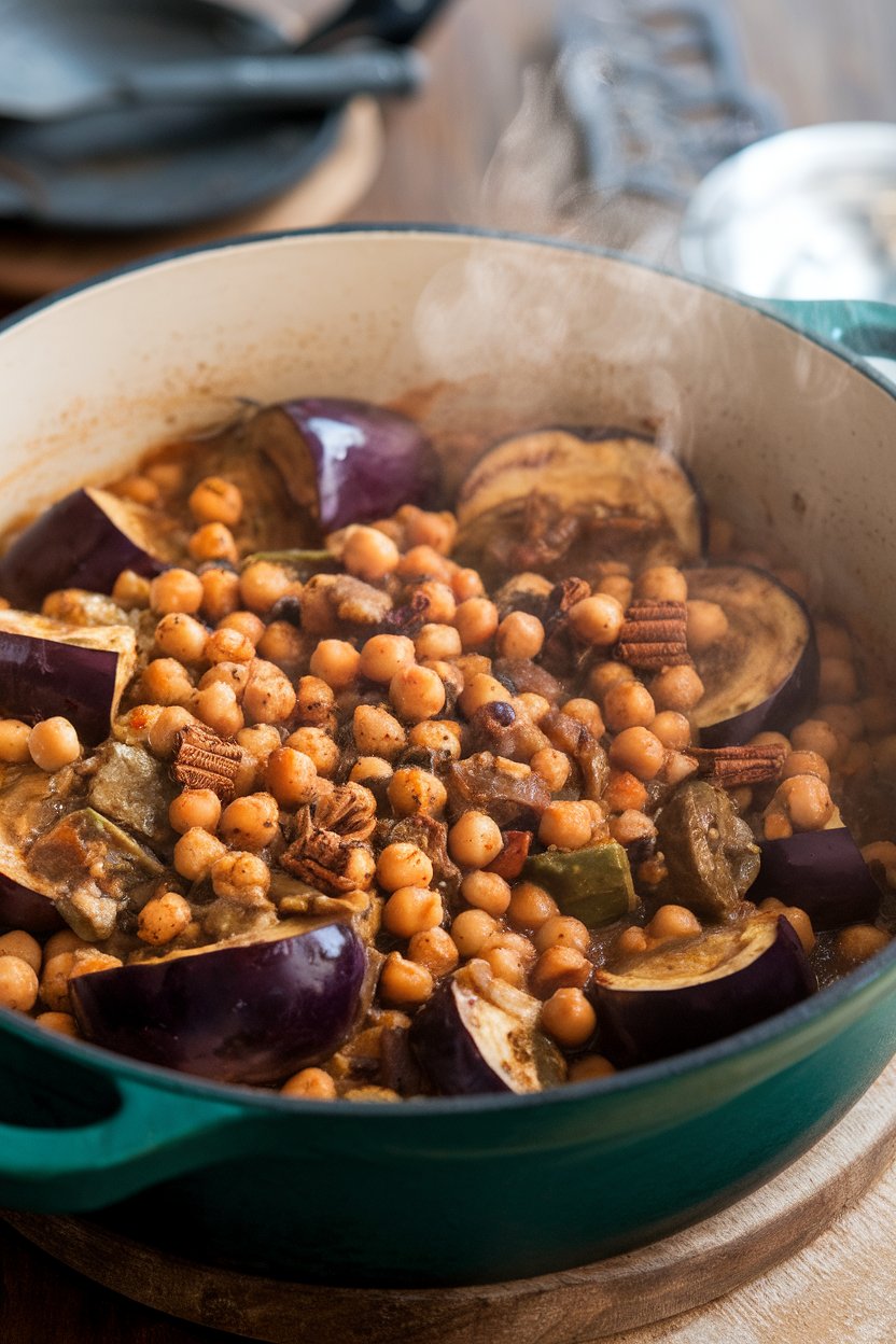 Indoor Dutch oven filled with rich eggplant and chickpea tagine, aromatic steam rising. No text or logos.