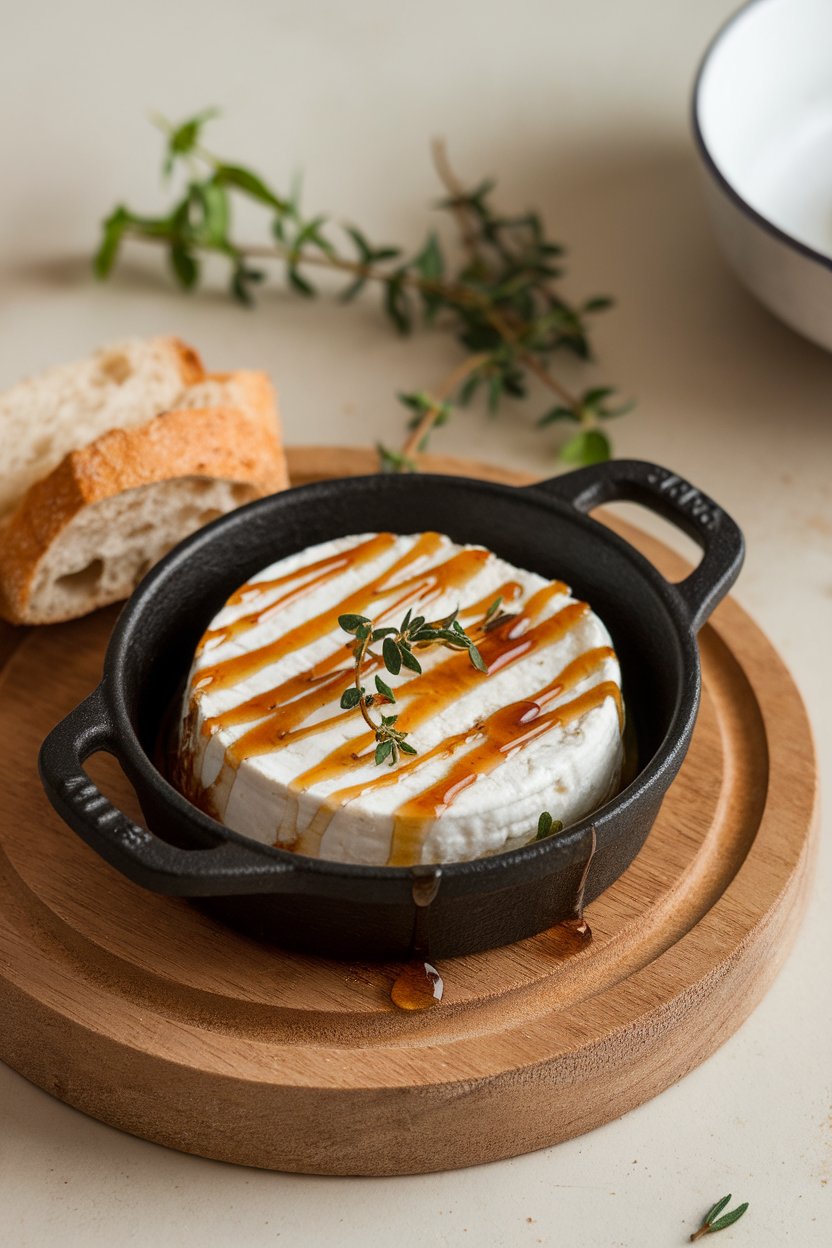 A small cast-iron dish of baked feta drizzled with honey and thyme leaves on an indoor wooden board, crusty bread alongside. No text or logos. Photo.