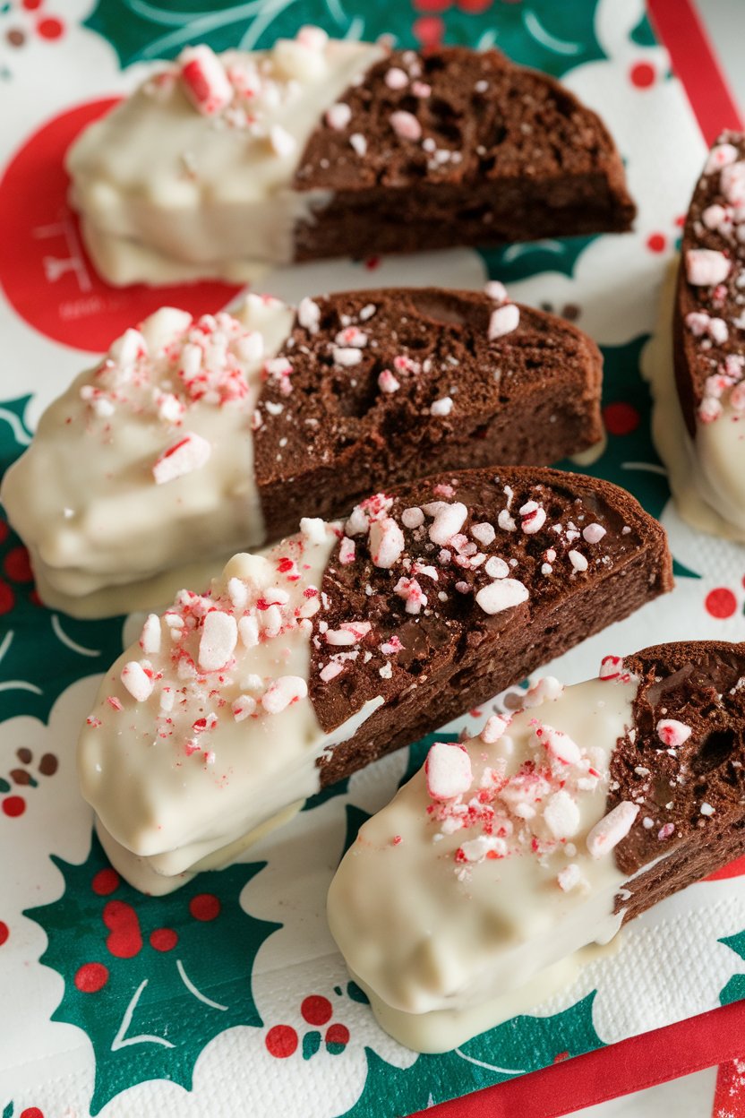 Chocolate biscotti pieces dipped in white chocolate and sprinkled with crushed peppermint indoors on a holiday napkin. No logos.