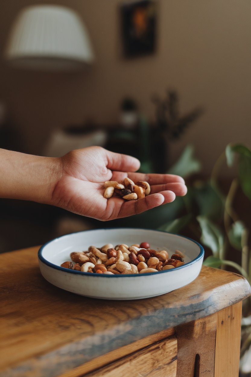 Indoor close-up of a single cupped hand holding a portion of mixed nuts over a white dish. Soft lighting, no text or logos.