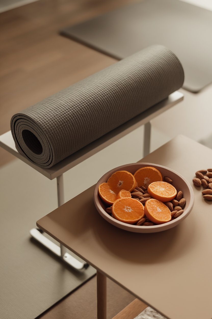 Photo of an indoor yoga studio corner with a neatly rolled mat beside a bowl of sliced oranges and almonds on a small table; calm diffuse light; no text or logos.