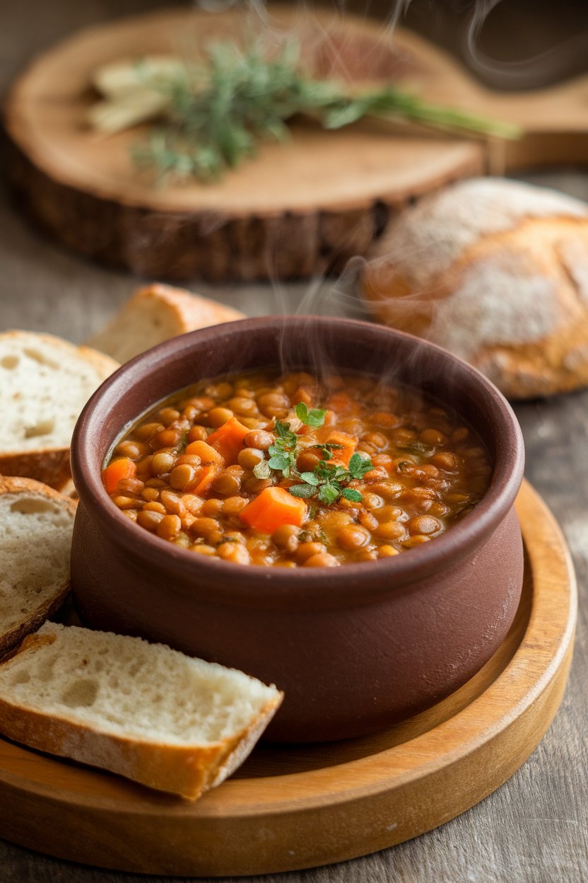 A ceramic indoor soup bowl filled with hearty lentil soup dotted with carrots and herbs, steam visible. No text or logos. Photo, not illustration.
