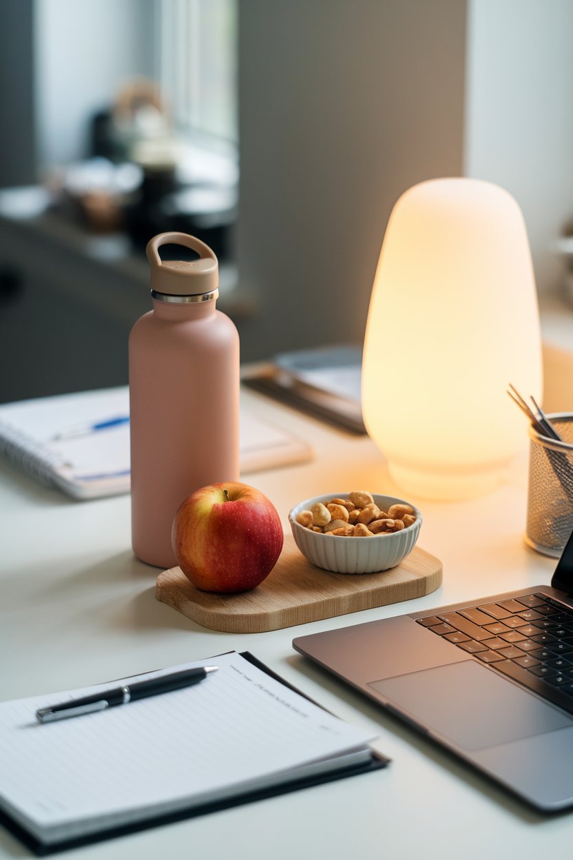 Photo of an indoor office desk with a reusable water bottle, a crisp apple, and a small bowl of mixed nuts neatly arranged; soft desk lamp glow; no text or logos.