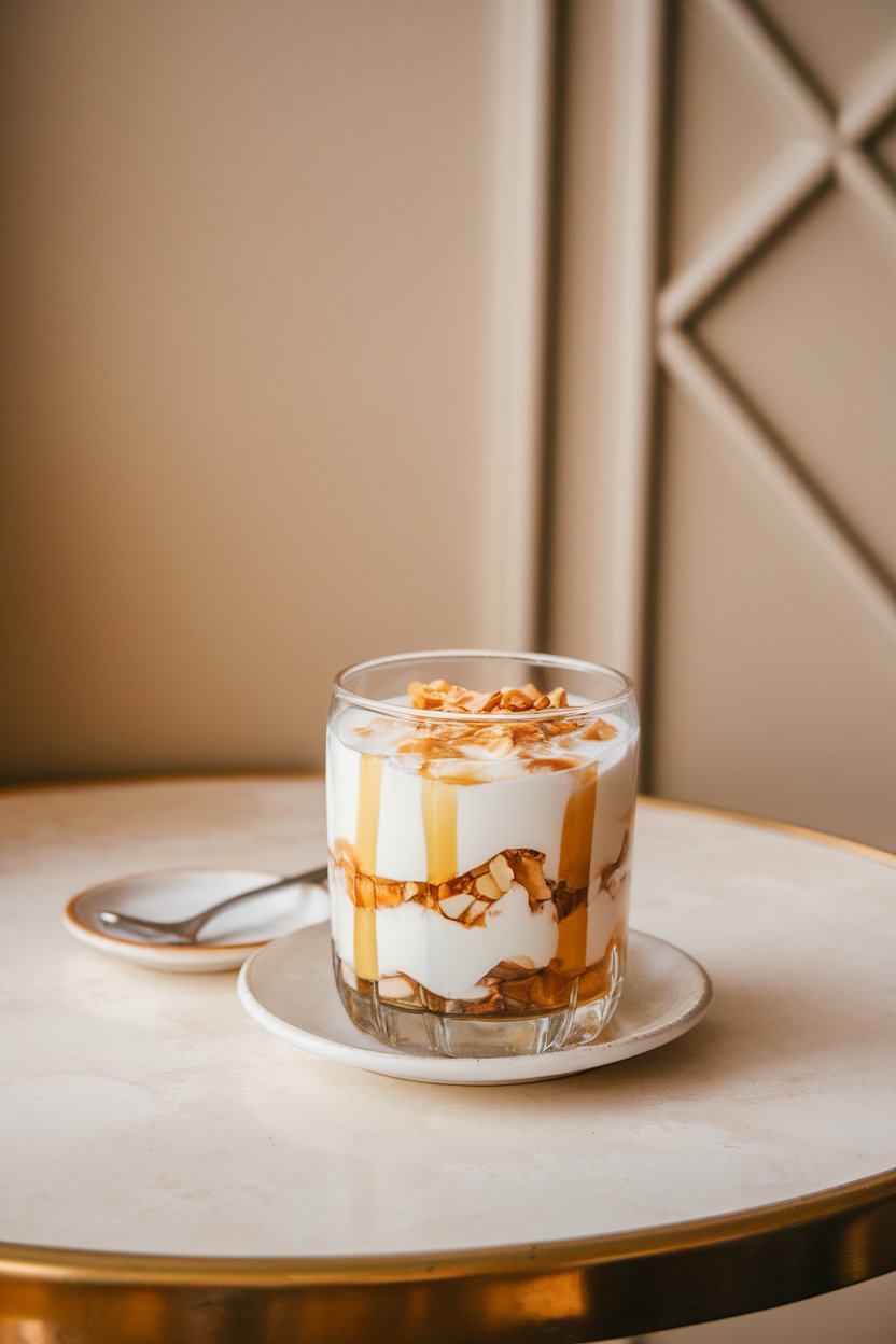 Indoor café-style table showing a clear glass filled with alternating layers of Greek yogurt, honey drizzle, and chopped almonds, small spoon nearby. No text or logos, photo not illustration.