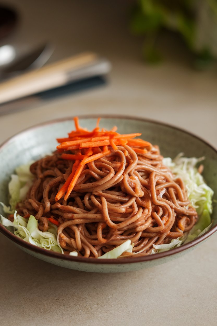 Indoor photo of a shallow bowl filled with buckwheat soba noodles tossed in peanut sauce, shredded cabbage, and carrots; neutral tabletop, no text or logos