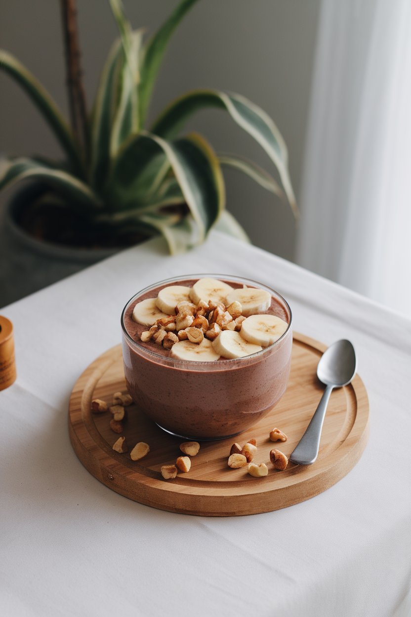 An indoor breakfast table with a thick chocolate smoothie bowl topped with sliced banana and chopped hazelnuts. No text or logos.