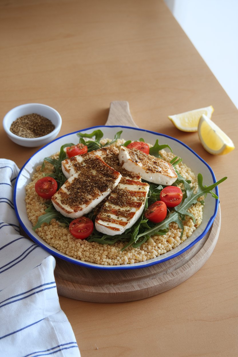 Indoor table shot of pearl couscous, seared halloumi slices dusted with za’atar, cherry tomatoes, and arugula. No text or logos.