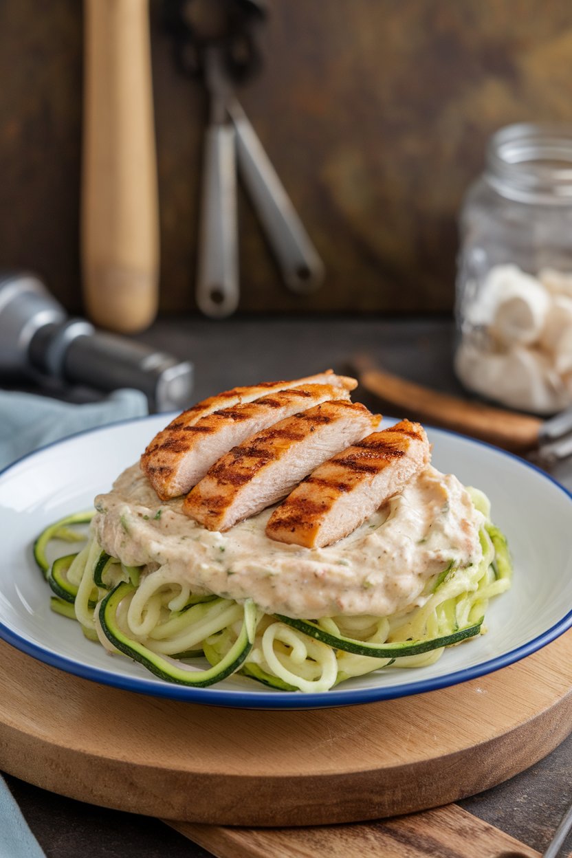 An indoor plate carrying zucchini noodles coated in light cauliflower Alfredo sauce with grilled chicken strips on top. No text or logos in sight. Photo only.
