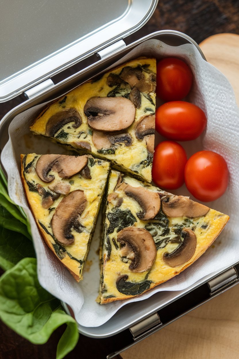 An indoor lunchbox containing triangular slices of mushroom-spinach frittata beside a few cherry tomatoes. No text or logos visible. Photo only.