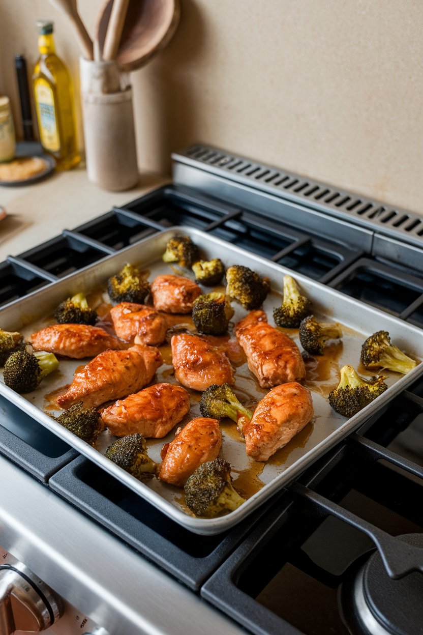 A sheet pan resting on an indoor stovetop, showcasing glazed chicken breast strips and roasted broccoli florets, sauce pooled lightly around; no text or logos; photo