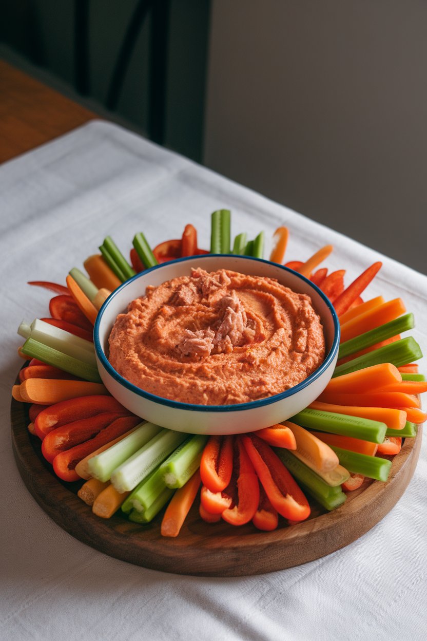 Bowl of creamy roasted red pepper dip flecked with tuna, surrounded by veggie sticks on an indoor table, no branding.