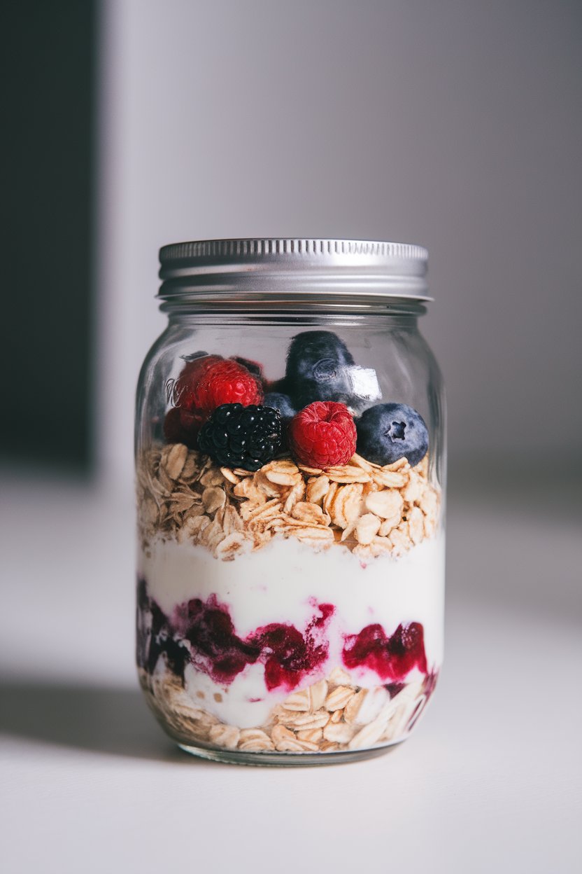 A mason jar indoors layered with rolled oats, almond milk, and mixed berries, topped with a lid, photo, no text or logos.
