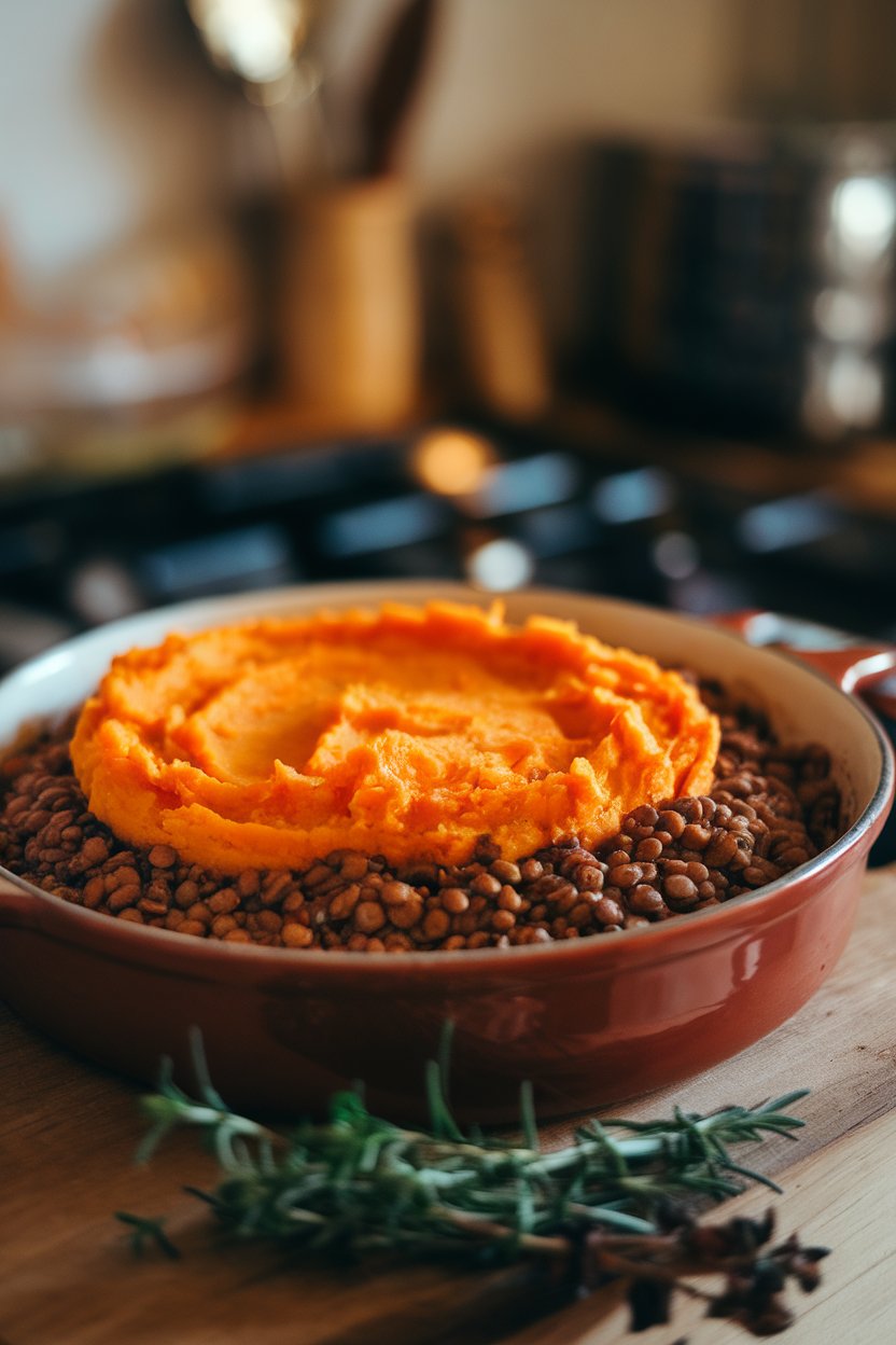 Photo of a casserole dish indoors showing a golden mashed sweet potato top over a lentil vegetable filling. No text or logos.