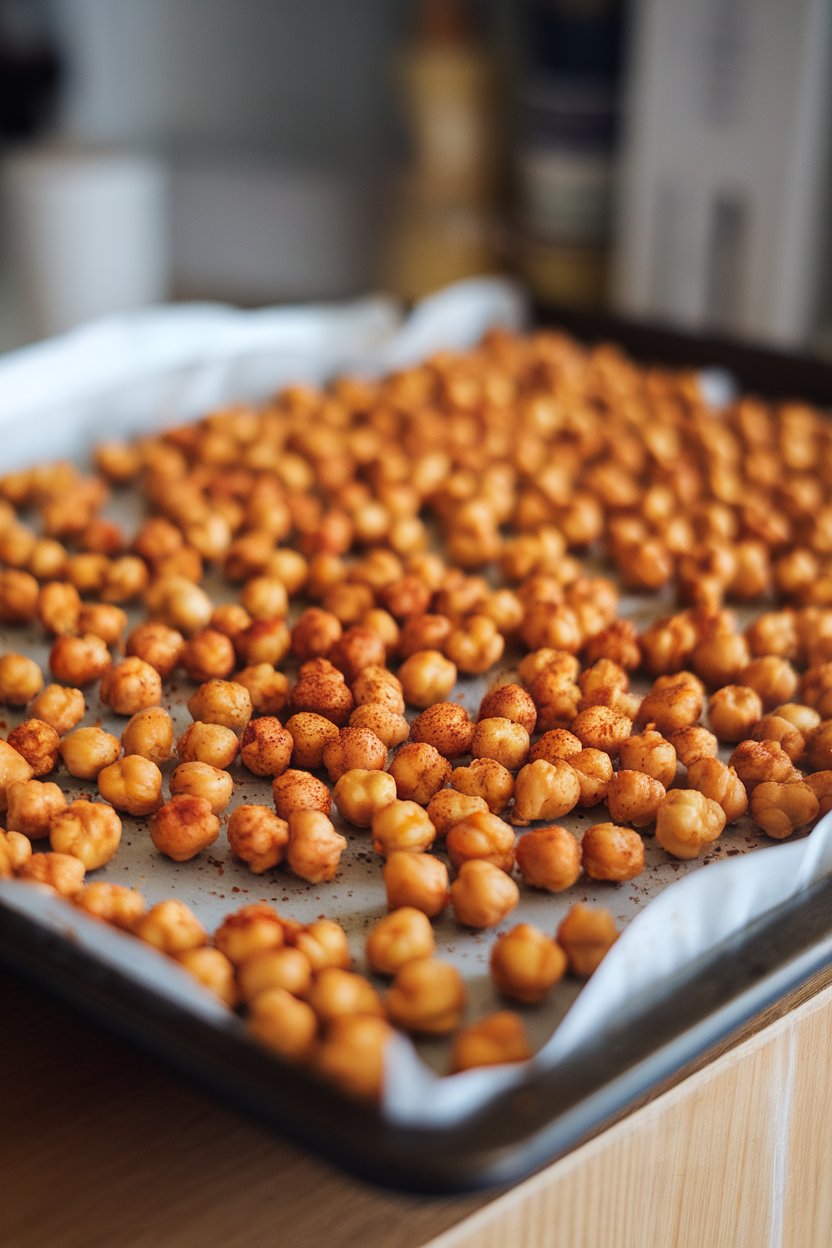 Photo of an indoor baking tray filled with crunchy roasted chickpeas seasoned with paprika, no text or logos