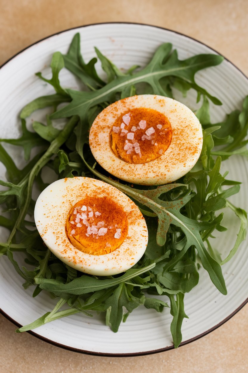 Indoor plate featuring two halved hard-boiled eggs dusted with smoked paprika and sea salt. No text or logos; photo.