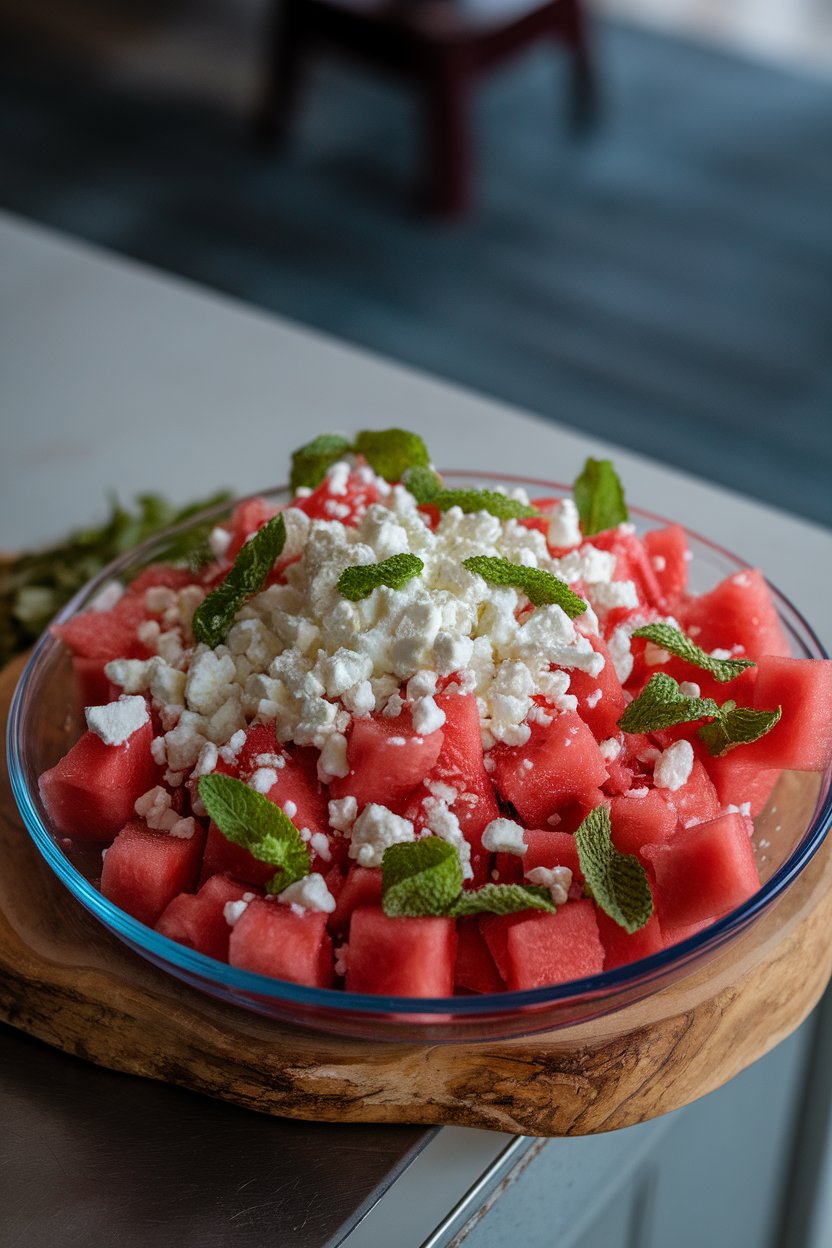 Photo of cubed watermelon, crumbled feta, and torn mint leaves in a shallow dish on an indoor table, no text or logos.