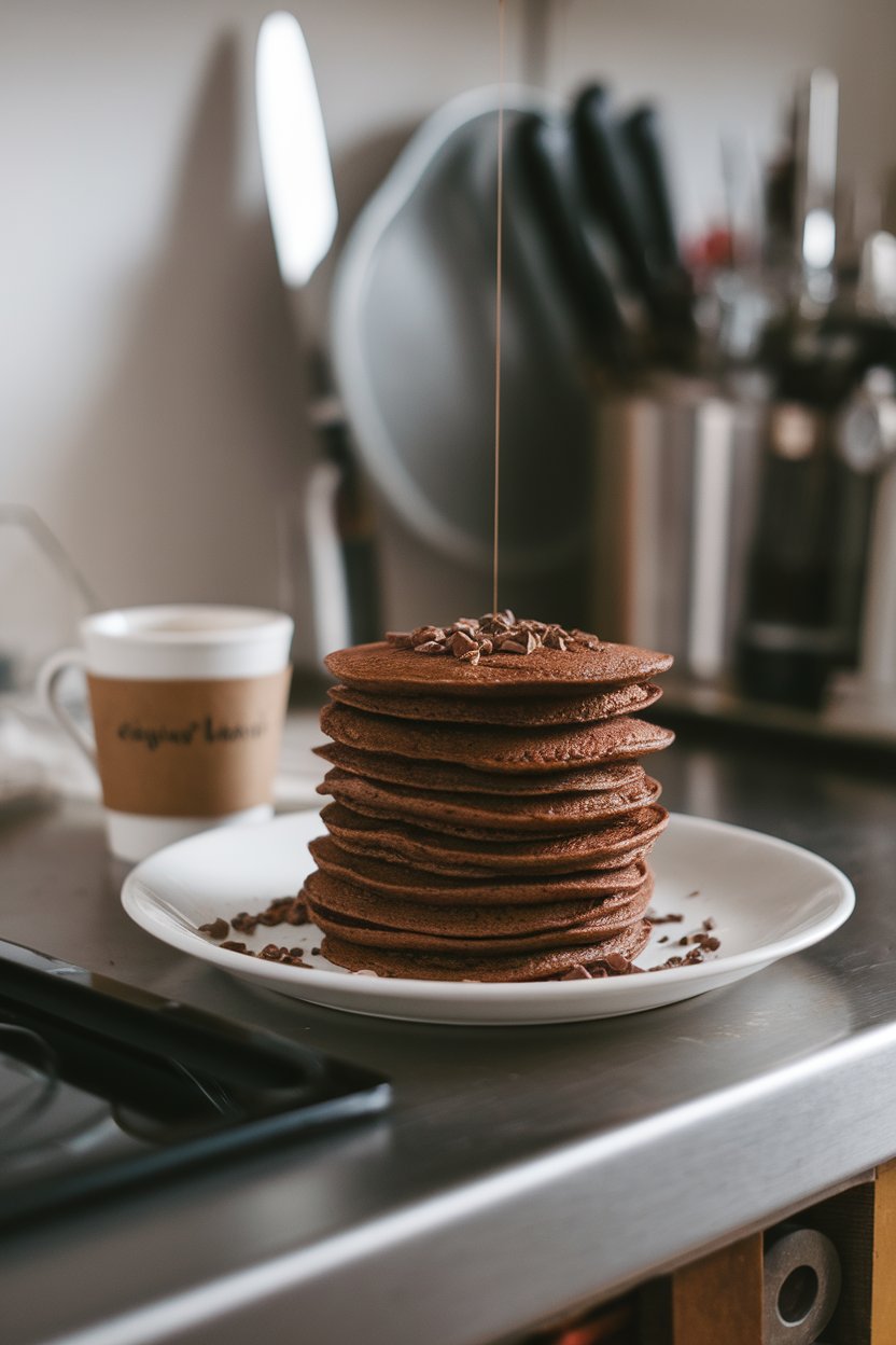 Indoor kitchen counter with cocoa-brown pancakes, coffee cup nearby, sprinkle of cacao nibs over the stack; no text or logos.
