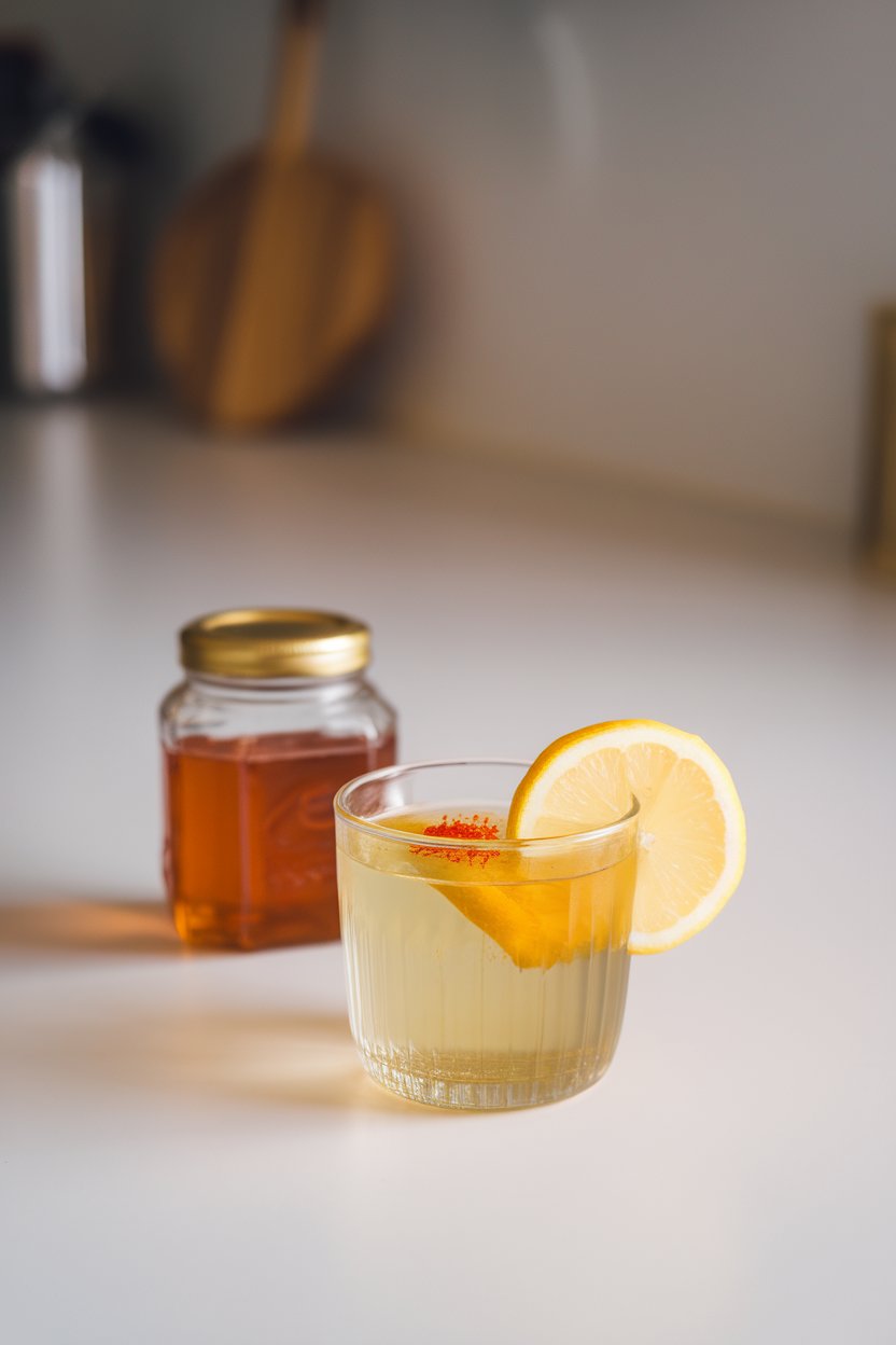 Indoor kitchen counter photo of a small glass of diluted apple cider vinegar drink with a lemon slice and a dash of cayenne, honey jar nearby. No text or logos.