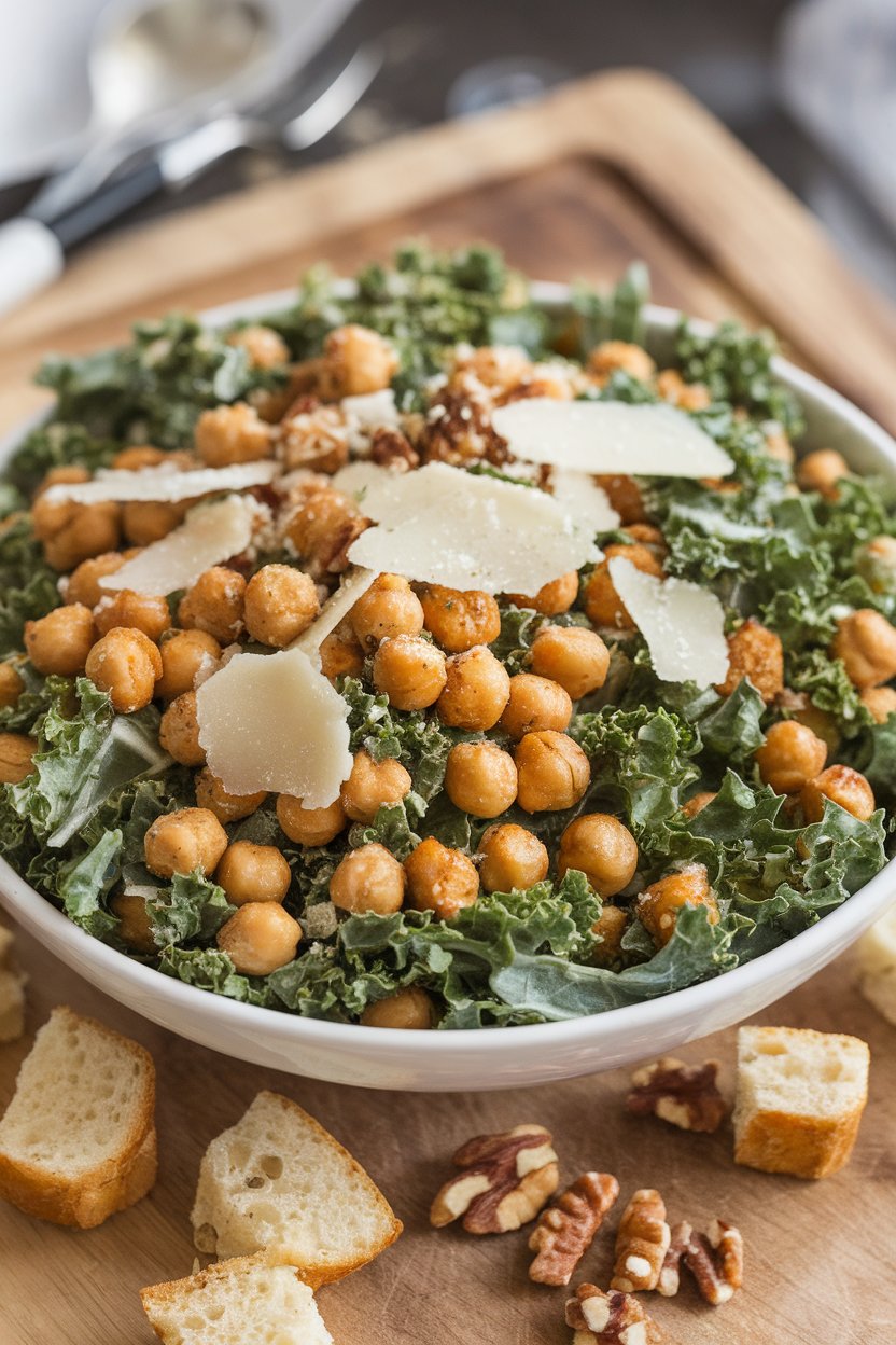 Indoor salad bowl with torn kale leaves, roasted chickpeas, shaved parmesan, and a light Caesar dressing. No text or logos visible.