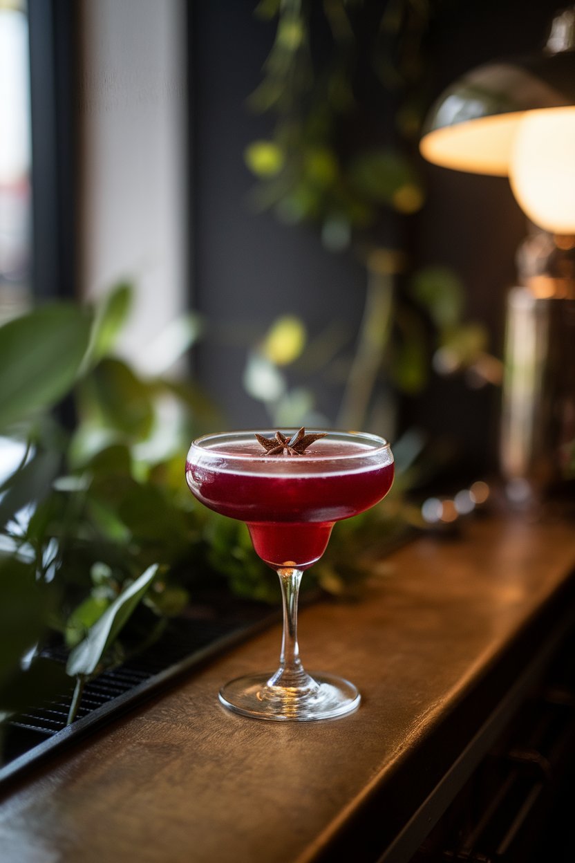 Indoor cocktail bar, coupe glass of deep-magenta margarita, single star-anise pod floating; no text or logos.