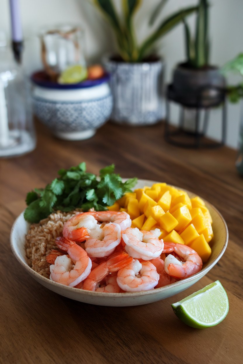 Indoor dining table with a bowl of cooked shrimp, diced mango, brown rice, and cilantro, lime wedge on side. No text or logos, photo not illustration.