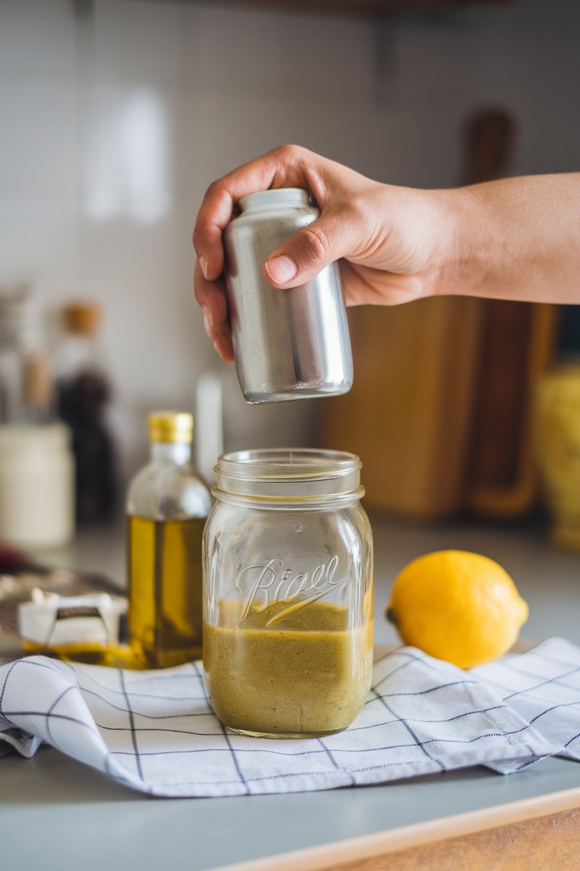 An indoor countertop with a mason jar vinaigrette being shaken by a hand, ingredients—olive oil, mustard, lemon—laid out beside it. No text or logos visible.