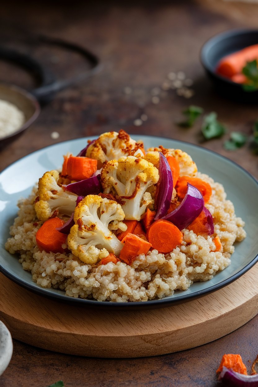 An indoor plate of quinoa topped with harissa-coated roasted cauliflower, carrots, and red onion. No text or logos present. Photo only.