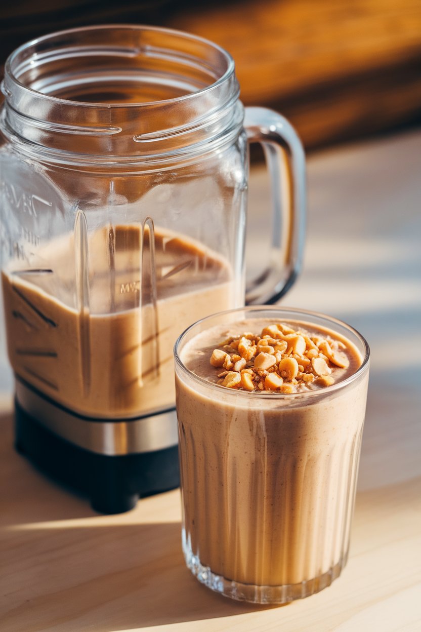 A photo of an indoor blender jar next to a chilled glass filled with a creamy banana-peanut butter smoothie, topped with crushed peanuts; soft afternoon light, no text or logos