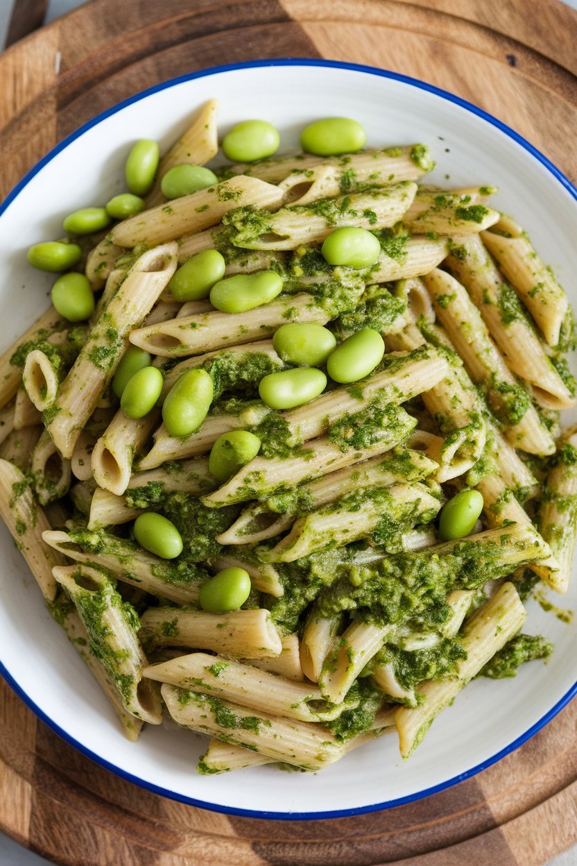 Indoor plate of whole-wheat penne coated in vibrant green kale pesto with edamame scattered throughout. No text or logos; photo.