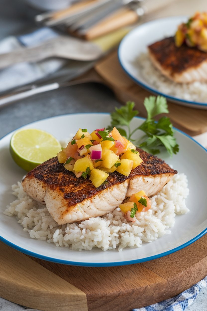 Photo of a dinner plate indoors featuring cooked blackened tilapia topped with colorful pineapple salsa. No text or logos.