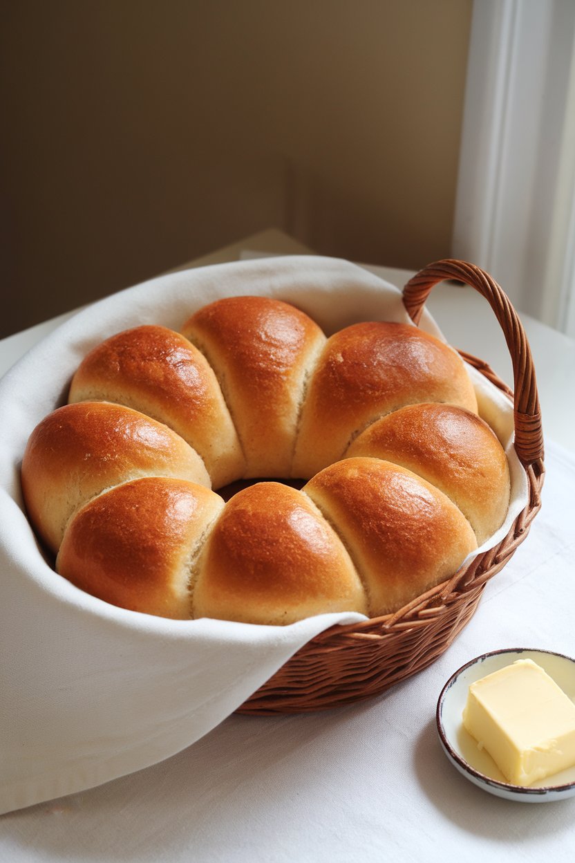 A basket on an indoor table lined with a white cloth, holding golden brown whole-wheat Parker House rolls brushed with melted butter. Photo, no logos or text.