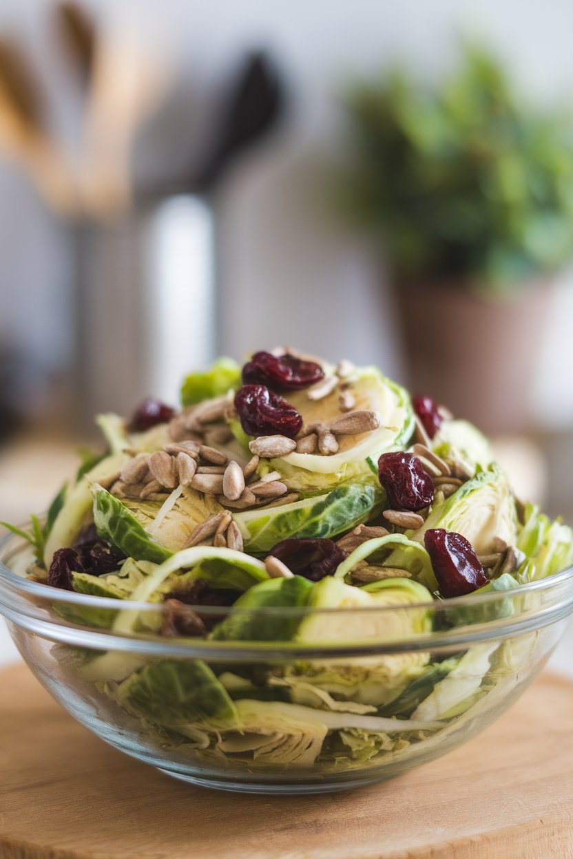 An indoor salad bowl filled with thinly shaved Brussels sprouts, dried cherries, and sunflower seeds, lightly dressed. No text or logos.