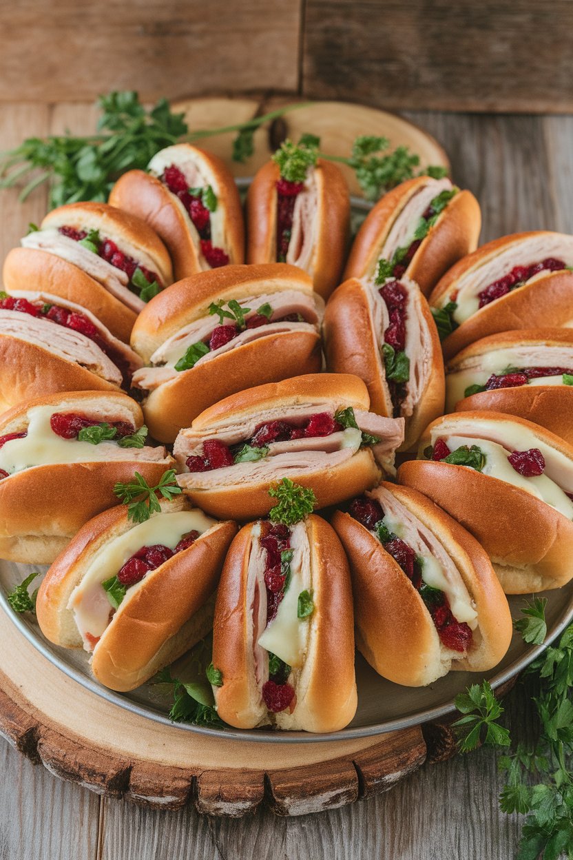 Mini brioche buns filled with sliced turkey, cranberry relish, and melted swiss cheese on an indoor platter. No text or logos. Photo.