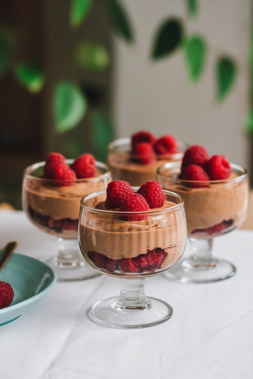 Photo of small glass dessert cups indoors filled with silky chocolate avocado mousse topped with raspberries. No logos or text.