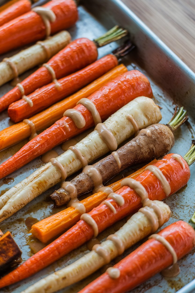 Indoor sheet-pan shot of roasted carrots, parsnips, and sweet potatoes drizzled with a glossy tahini maple glaze. No logos or text.