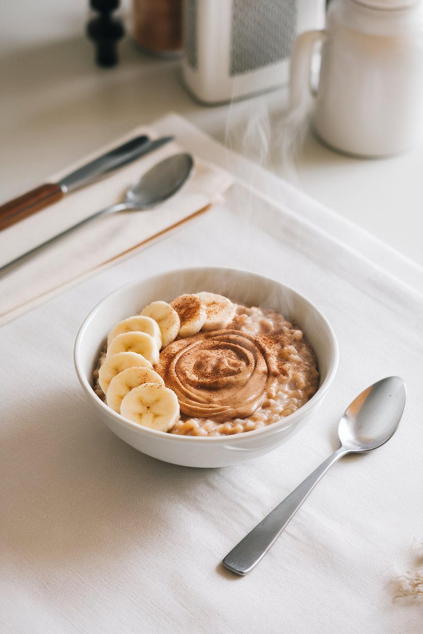 An indoor dining table with a steaming bowl of oatmeal topped with banana slices, a swirl of almond butter, and a sprinkle of cinnamon. No text or logos present. Photo only.