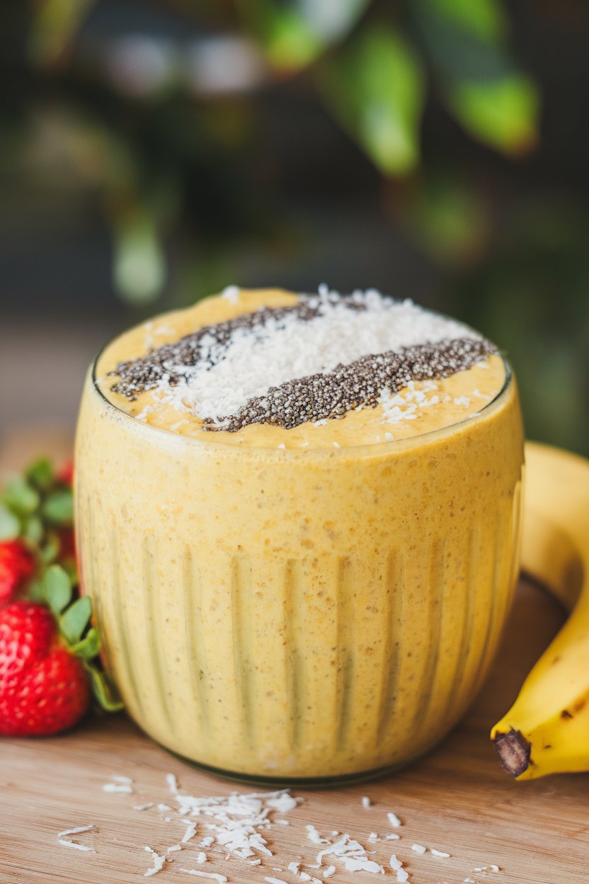 Indoor bowl of thick yellow smoothie topped with shredded coconut and chia seeds. No text or logos.