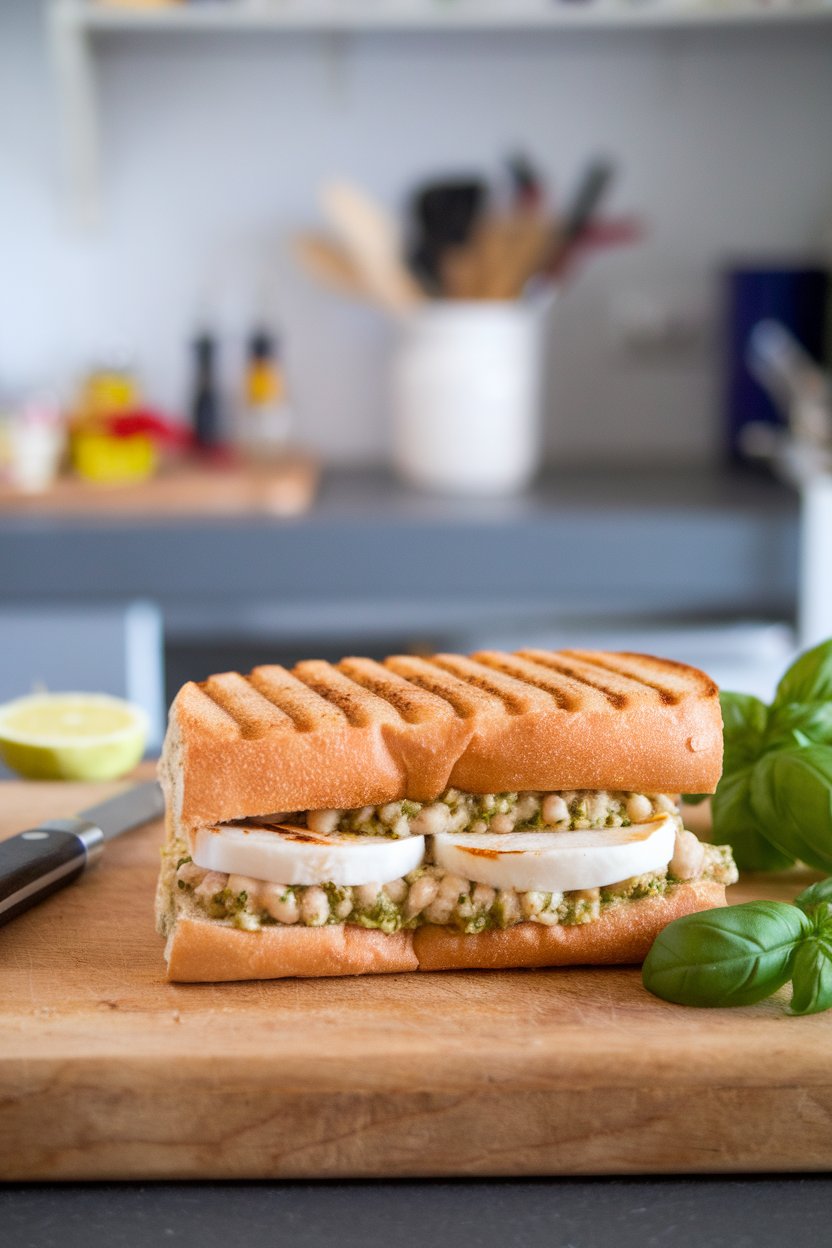 An indoor cutting board with a pressed panini oozing basil pesto and mashed white beans, grill marks visible. No text or logos; photo, not illustration.