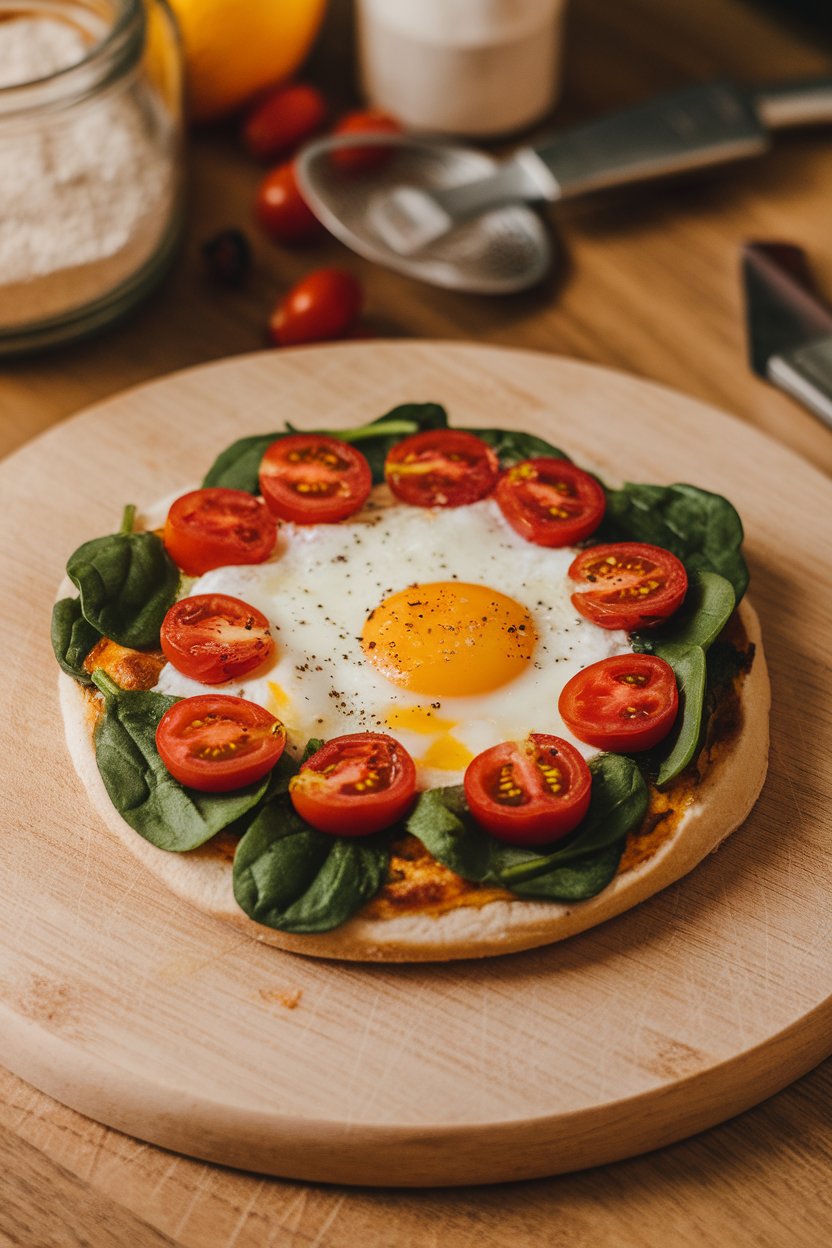 Indoor round cutting board holding a personal-size breakfast pizza topped with spinach, cherry tomatoes, and a baked egg in the center. No logos or text.