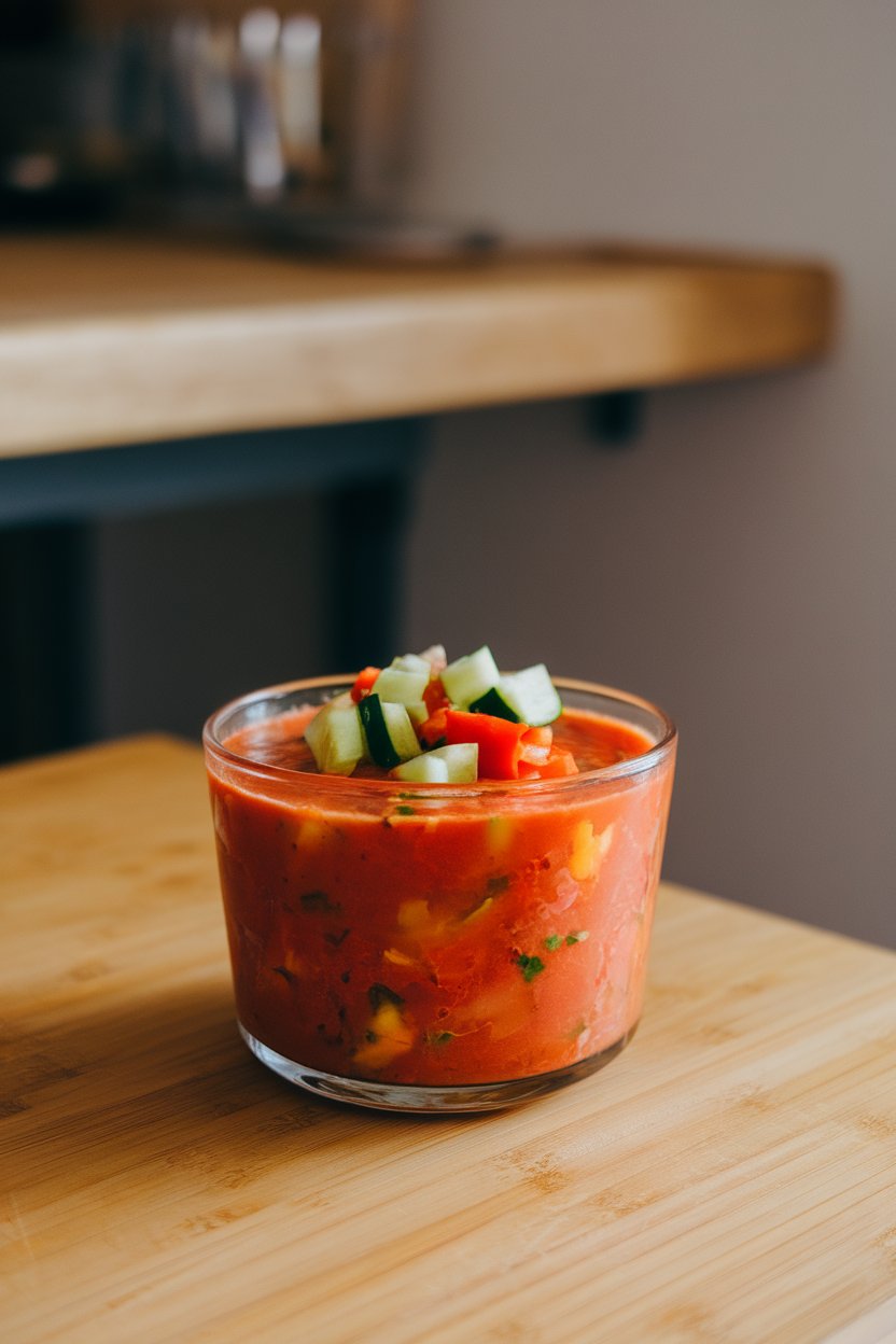 Indoor kitchen table with a chilled glass bowl of classic gazpacho, diced cucumber and bell pepper garnish, no text or logos. Photo.