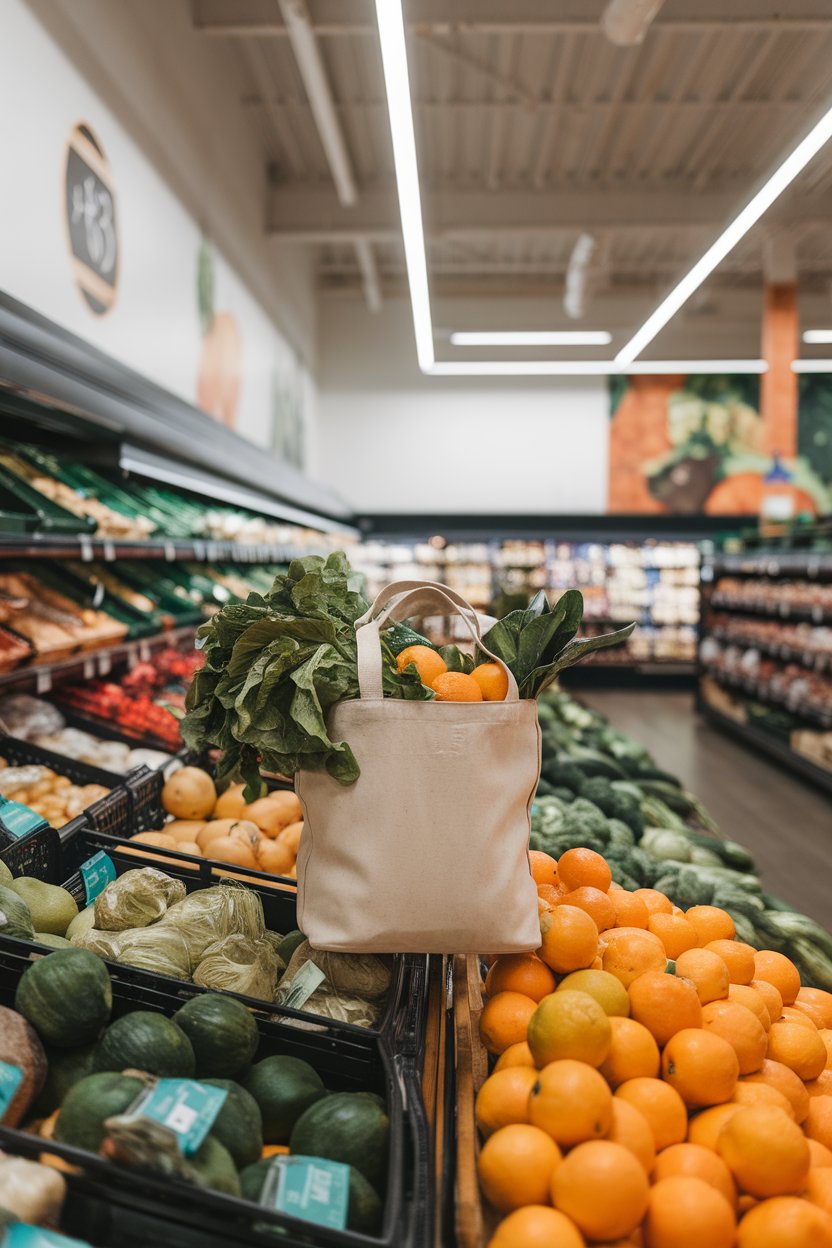 Photo of an indoor grocery store produce aisle with a reusable bag filled with leafy greens and oranges; crisp store lighting; no text or logos.