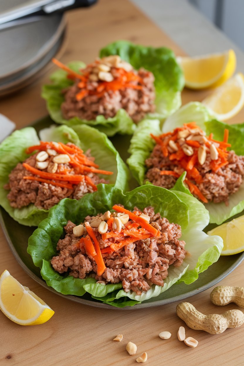 Indoor platter with crisp lettuce leaves filled with seasoned ground turkey, shredded carrots, and a sprinkle of peanuts. No text or logos, photo not illustration.