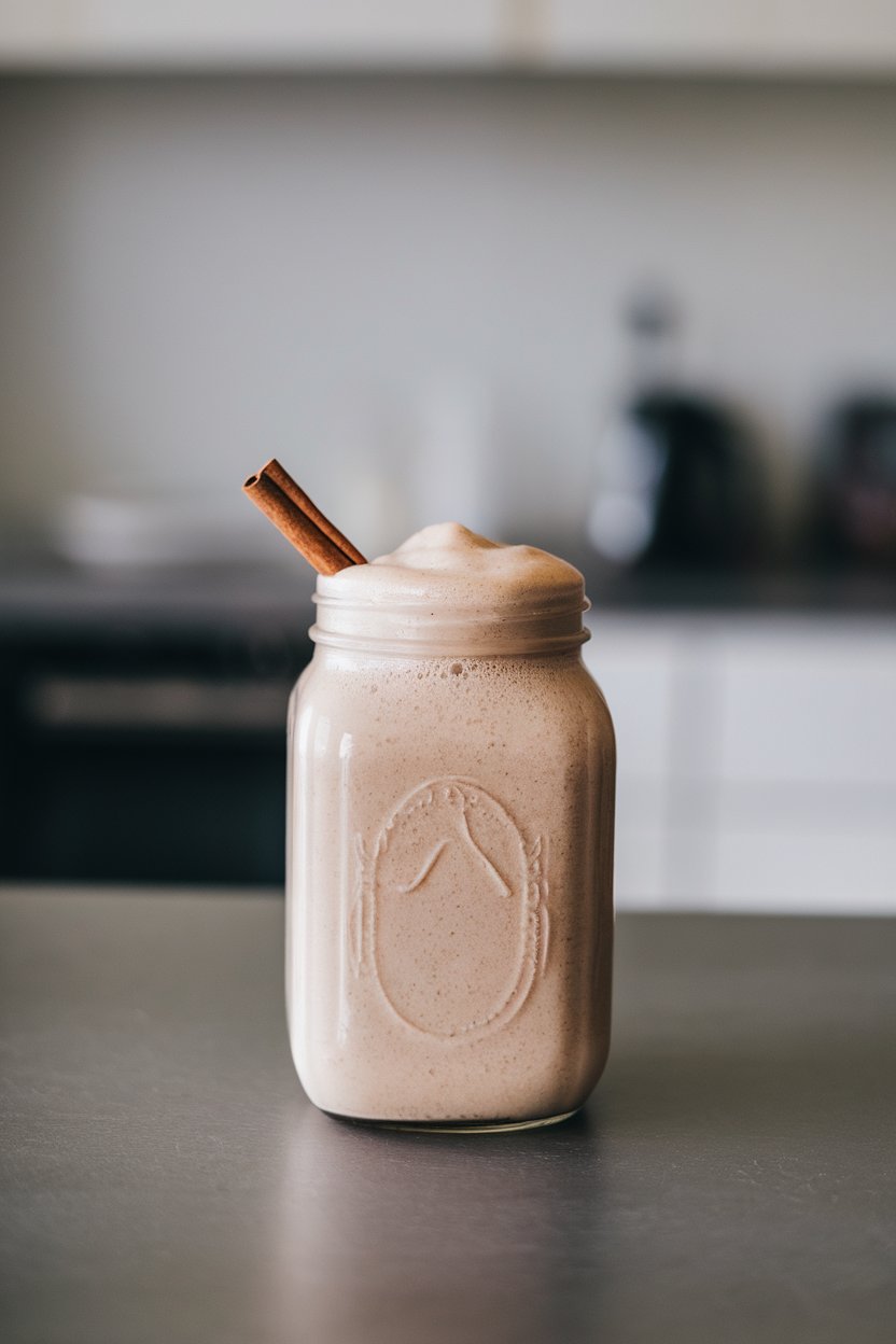 Indoor kitchen counter with a frothy light-brown protein shake in a glass jar, sprinkled with cinnamon, no logos or text.