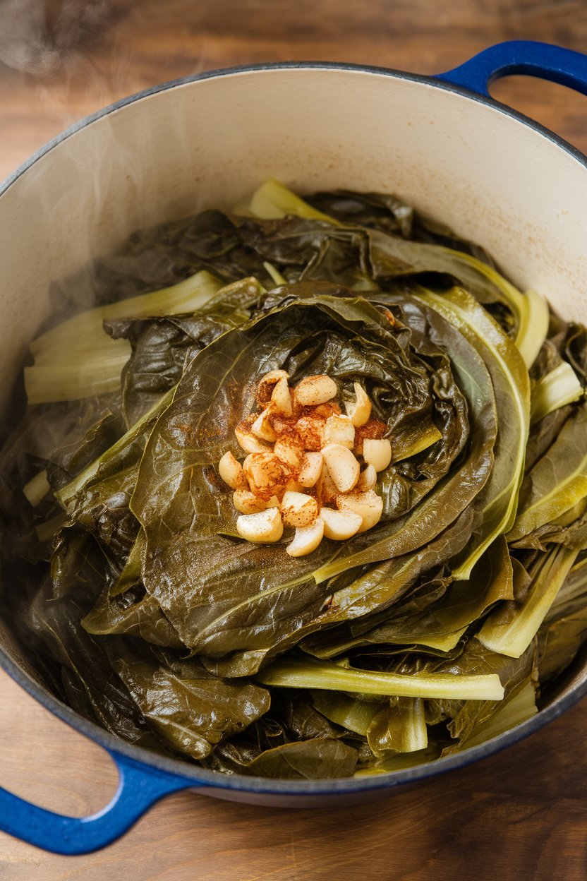 Indoor dutch oven containing braised collard greens with garlic and a hint of smoked paprika, steam visible. No branding or text. Photo.