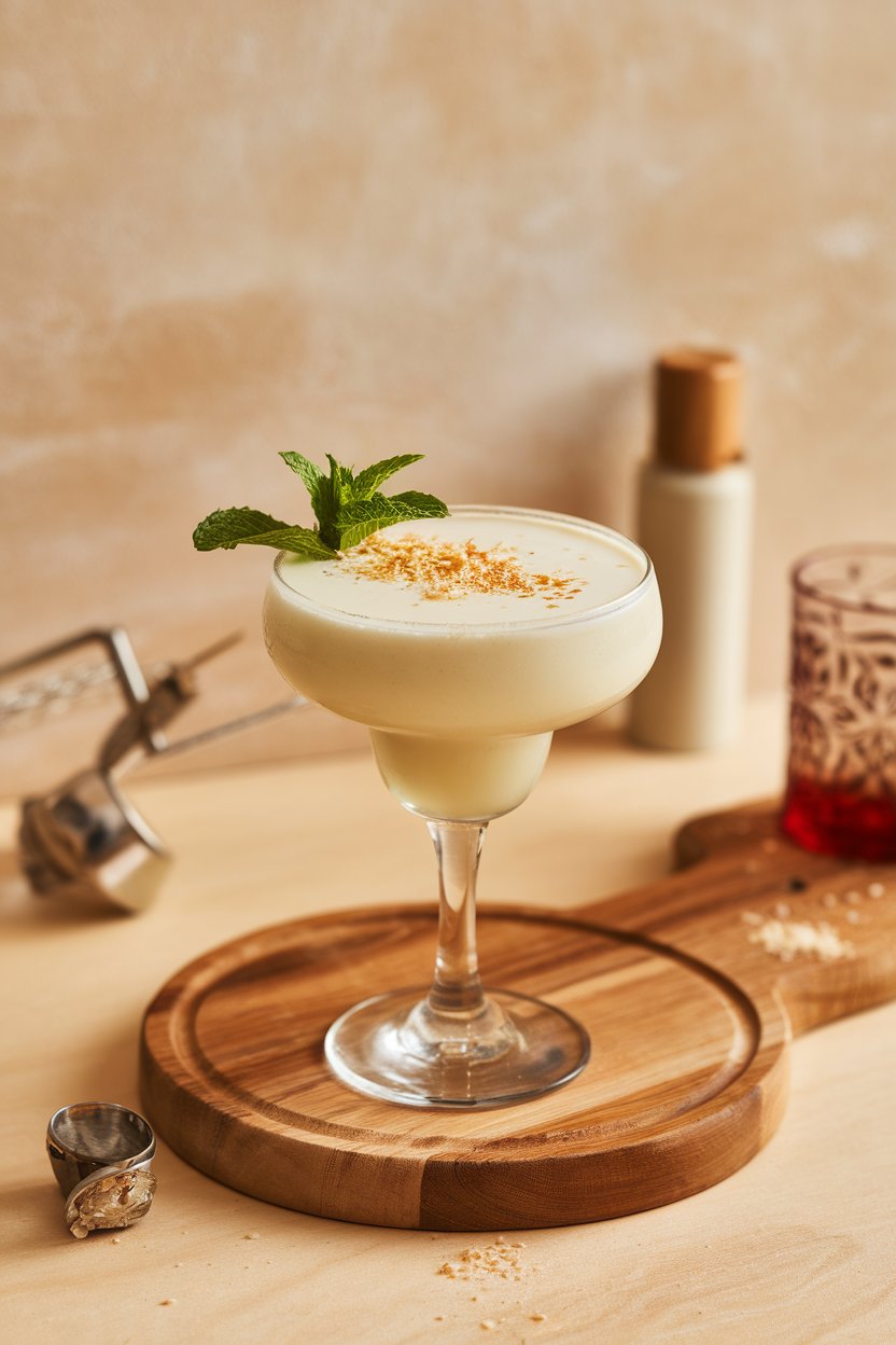 Indoor scene, stemmed glass of creamy white margarita, micro-grated white chocolate on top, tiny mint leaf; no logos.
