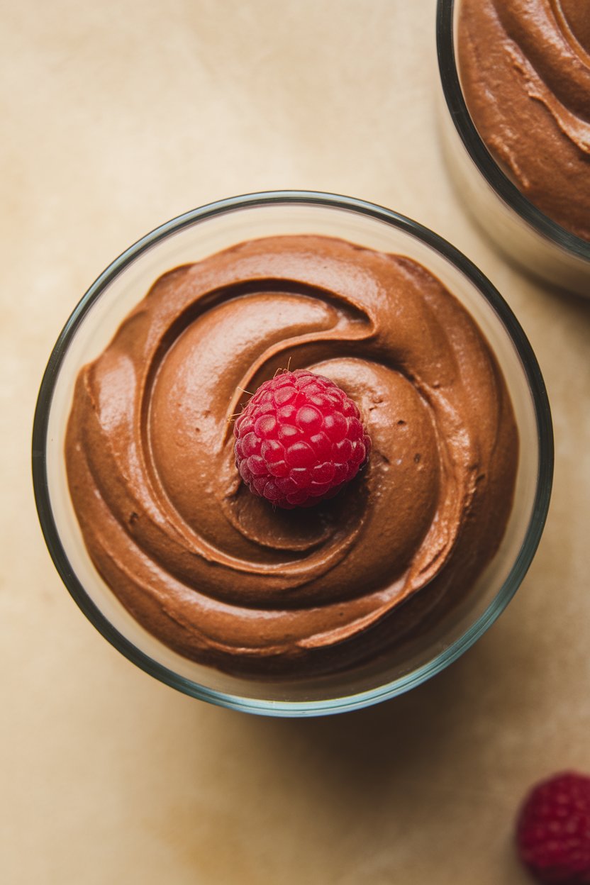 Indoor photo of silky chocolate avocado mousse swirled in a glass ramekin with a single raspberry on top. No text or logos.